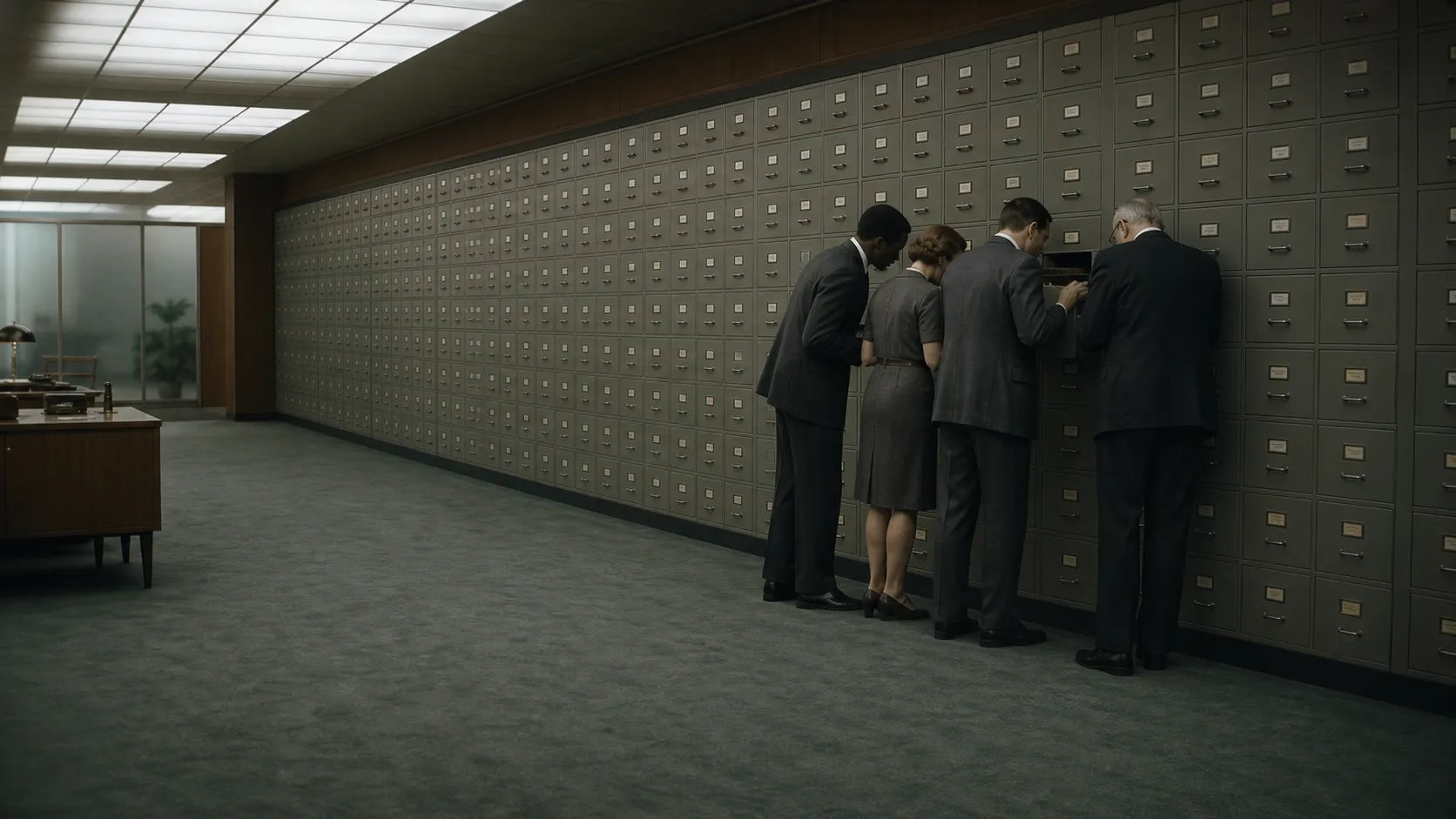 Click to open in new tab Four office workers searching a wall of filing cabinets